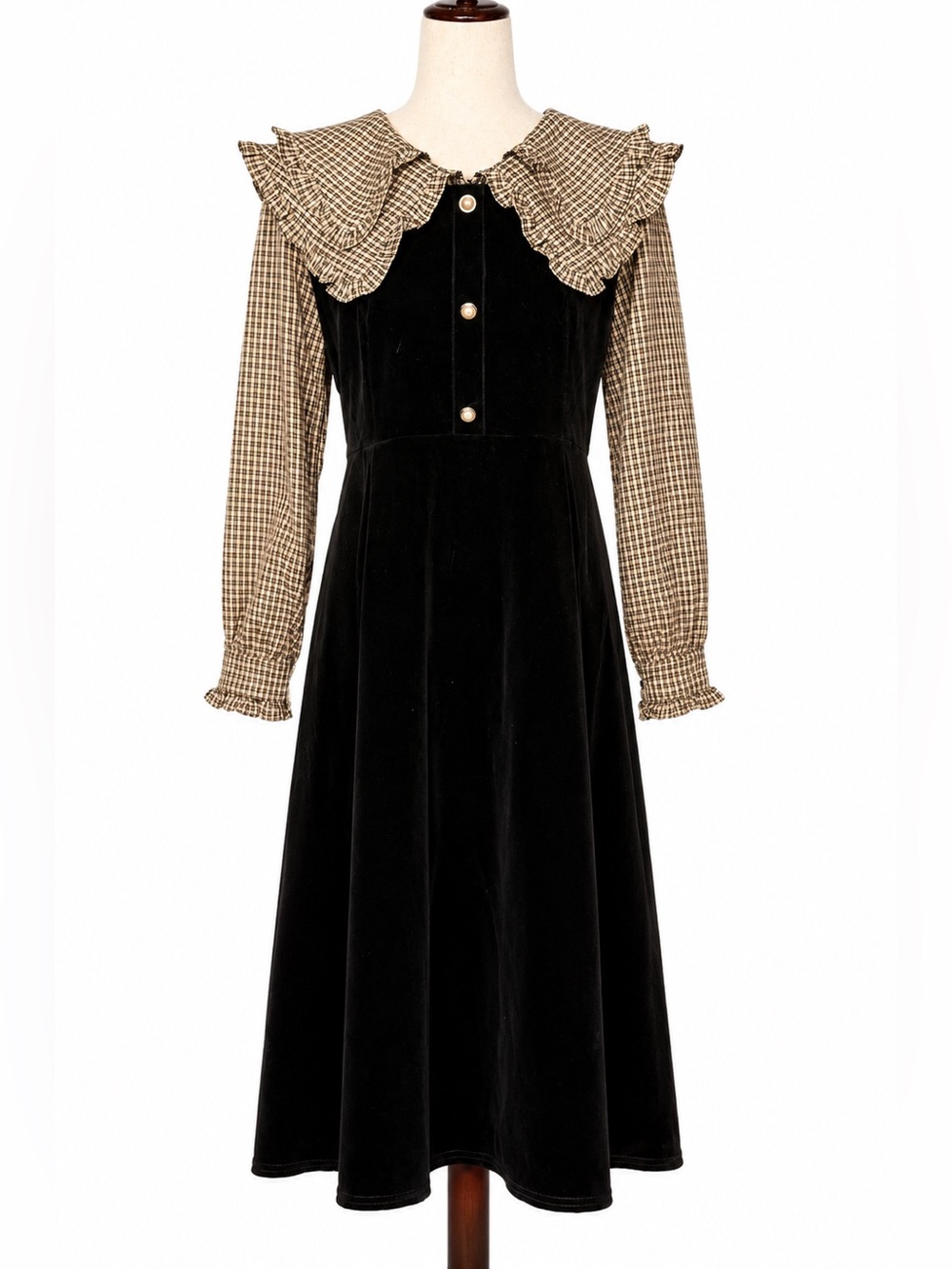 Black Velvet & neutral plaid long sleeve Dress w prairie vibe- 8